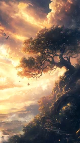 Sunlit cliffside tree guarding a golden dream horizon.