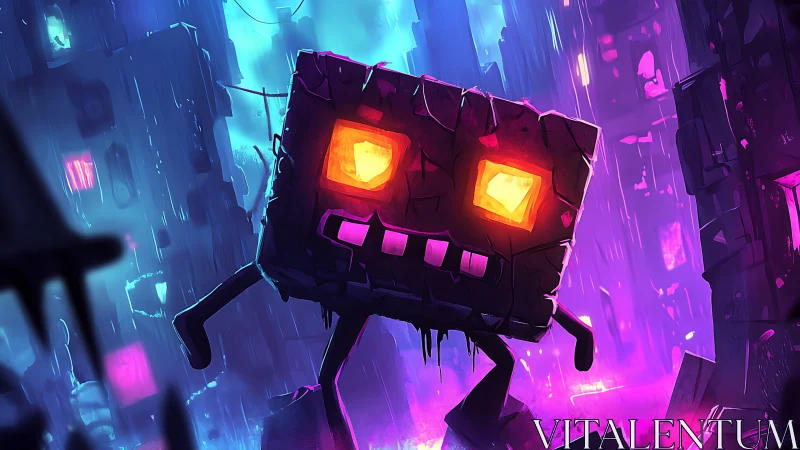 Block-shaped creature in neon-lit rainy urban scene.