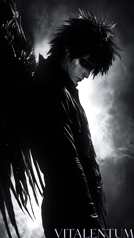 Dark winged figure in high contrast monochrome profile.