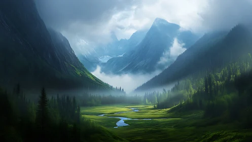 Misty valley river winding beneath towering blue peaks.