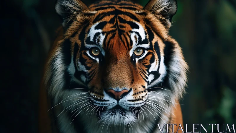 Tiger gaze carves quiet thunder through emerald forest dusk