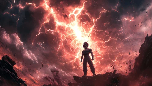 Stormlit warrior standing bold beneath a shattered sky.