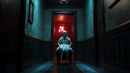 Porcelain ghost child waits in a crimson doorway of dread.