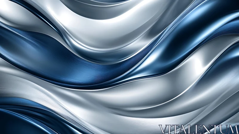 Silver and blue metallic waves flow in a calm, modern rhythm