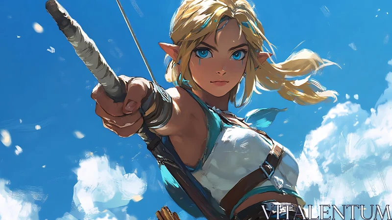 Elf archer girl draws bowstring toward viewer in sky scene