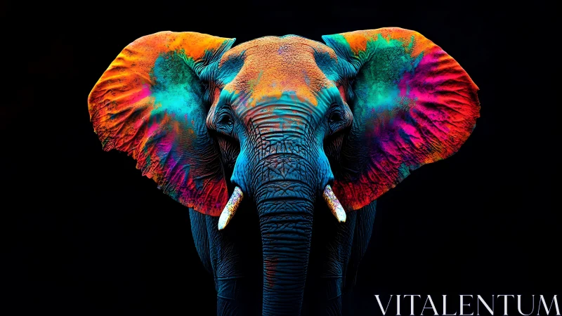 Neon elephant portrait with vivid prismatic ear patterns.