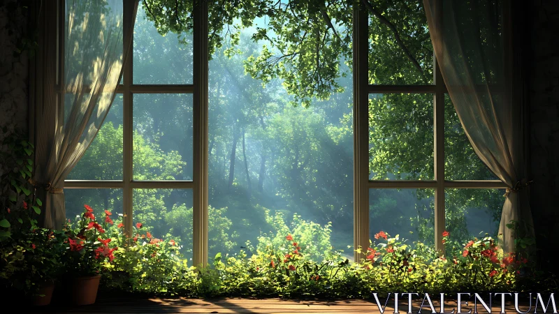 Large window view over dense green garden in daylight.