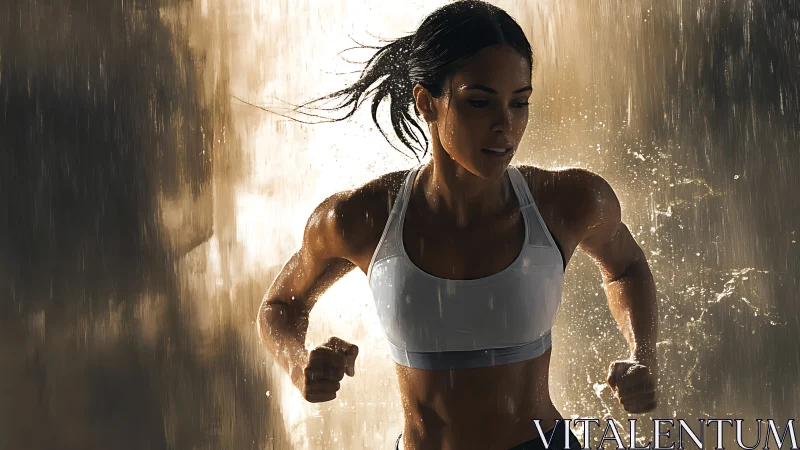 Stormlit sprint runner carving fire through silver rain.