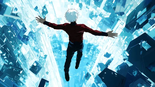 White haired figure falling through blue digital skyline.