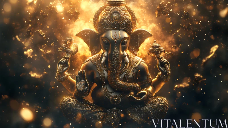 Golden digital artwork of Ganesha seated in glowing light.