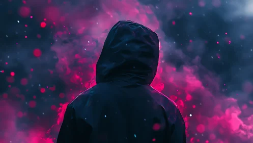 Hooded figure stands in vivid pink and blue smoke cloud.