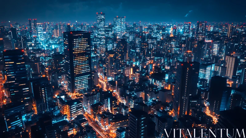 High-density nocturnal cityscape with cyan-orange lighting grid