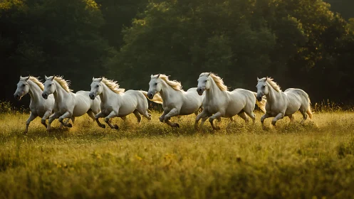 Galloping white horses in backlit meadow at golden hour light