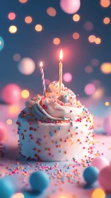 Illuminated Birthday Cupcake with Spiral Candles and Bokeh Backdrop
