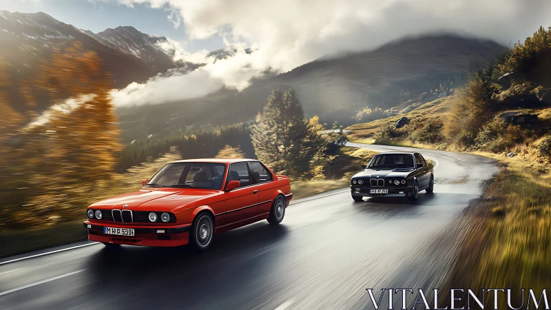 Classic BMW sedans carve wet alpine road through autumn valley
