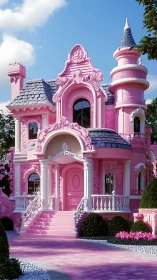 Pink turreted house with ornate facade and balustraded entry.
