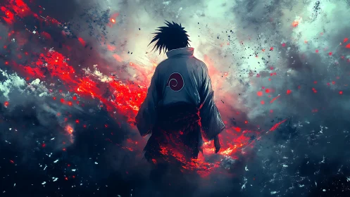 Digital painting of lone warrior in eruptive chromatic storm.