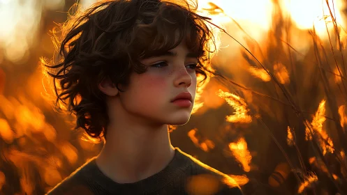 Golden Hour Portrait of Contemplative Child in Sunlit Field.
