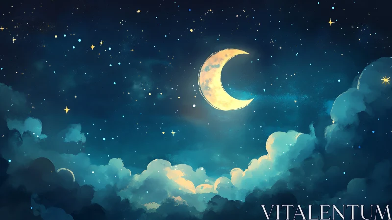 Gentle crescent moon glowing softly in a dreamy night sky.