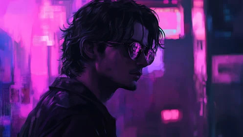 Man in neon cityscape with reflective sunglasses at night.