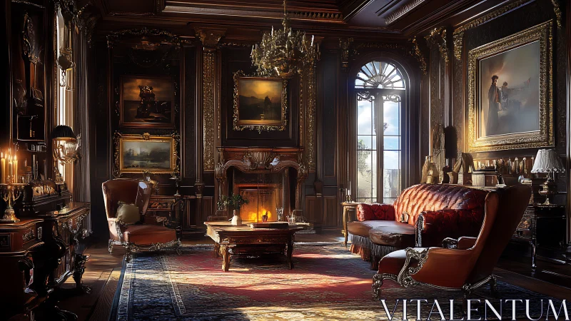 Opulent classical lounge with fireplace and ornate decor.