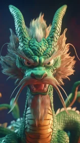 Green oriental dragon close-up with fierce expression.