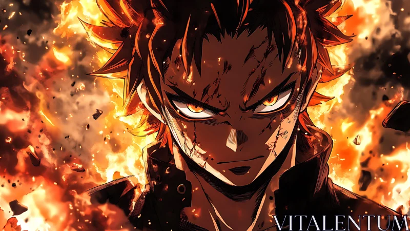 Fire-scarred warrior locks eyes with the storm of his own blaze