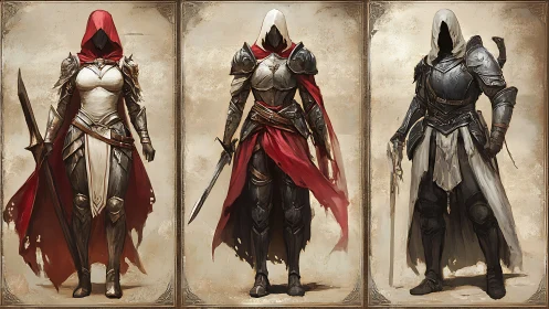 Digital painting triptych of hooded medieval armored rogues.