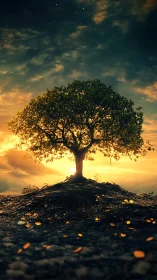 Lone starlit tree crowns a glowing hill at twilight hush.