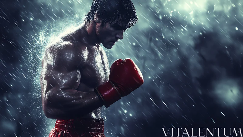 Shirtless boxer in crimson gloves rendered with volumetric lighting and precipitation
