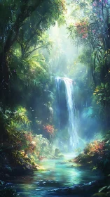 Luminous Tropical Waterfall with Ethereal Canopy and Cascading Waters