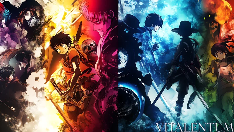 Split-screen anime warriors in fiery and icy contrast.
