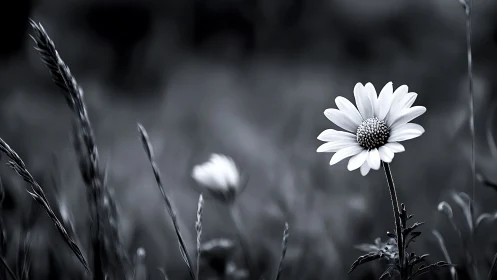 Monochrome daisy close-up in soft blurred meadow field.