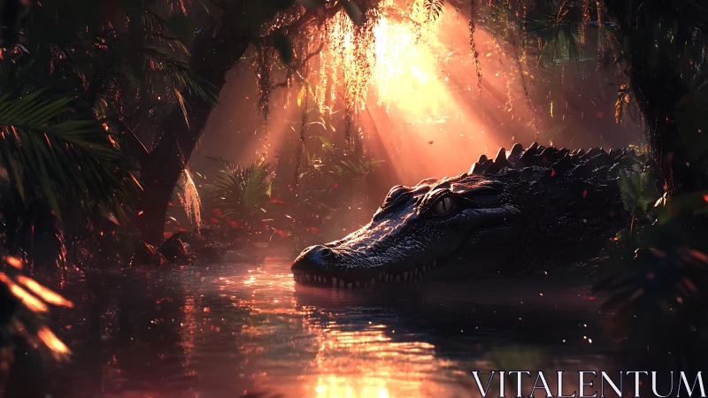 Crocodile emerging under molten sunset light in dense jungle.
