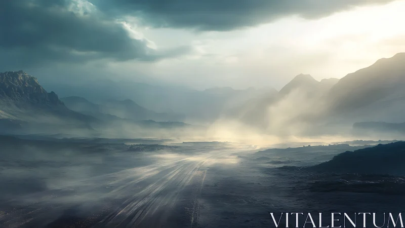 Misty mountain valley road under dramatic morning light.