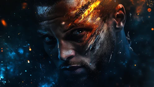 Storm-lit gaze in a blaze of cosmic embered energy.