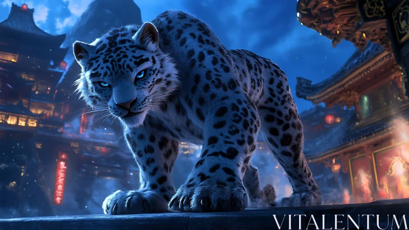 Snow Leopard Guardian in Neon-Lit Eastern Sanctuary.