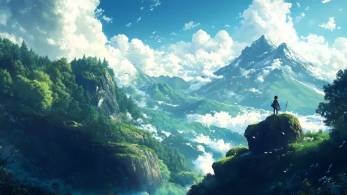 Solitary figure observes layered mountain landscape and clouds