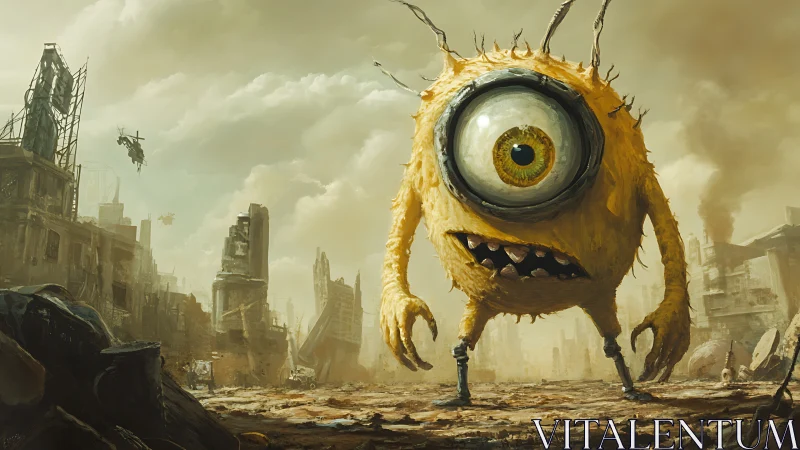 One eyed yellow monster stalks a ruined post apocalyptic city