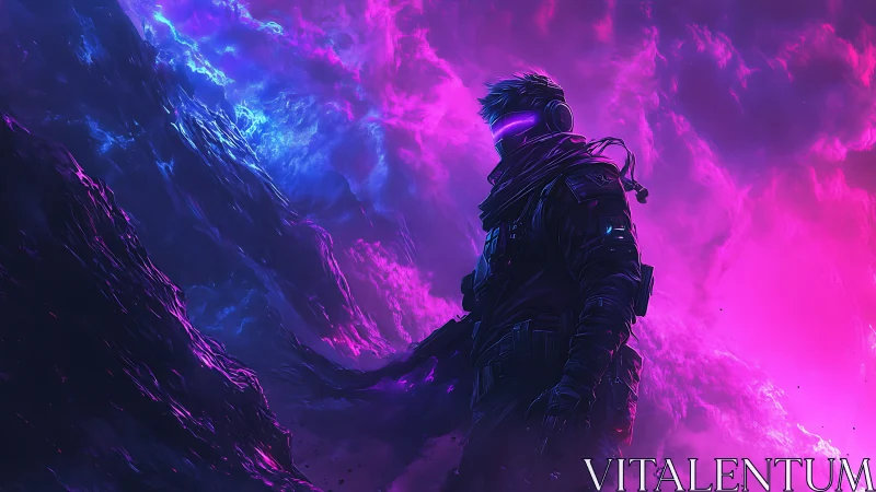 Neon-clad space wanderer gazes into a glowing cosmic storm