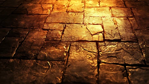 Golden light glows across cracked stone pavement.