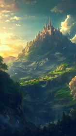 Sunlit sky-castle crowning misty emerald highlands.