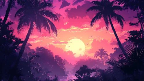 Neon gradient sunset illuminates stylized tropical palm jungle