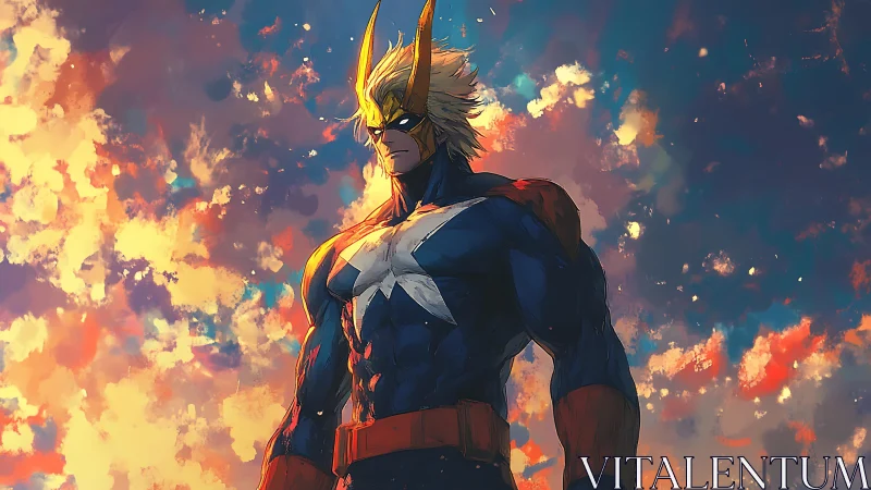 Heroic muscular figure under dramatic painterly sky.