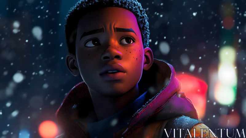 Animated boy in winter coat under snow at night in city.