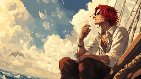 Red-haired sailor in contemplative pose under dynamic cumulus sky