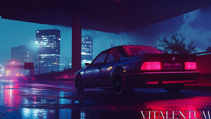 Rear view of car on wet urban road under neon night rain.