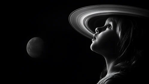 Woman's Profile Gazing at Distant Planet.