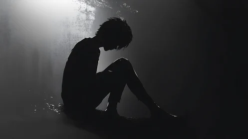 Silhouetted youth sits alone in stark monochrome light