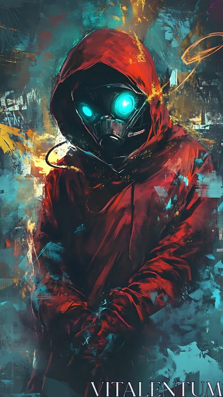 Hooded cyber renegade stands amid neon chaos and sparks.